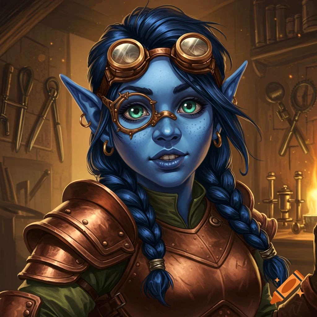 A blue-skinned deep gnome female artificer is in a workshop. She is wearing goggles and copper armor.