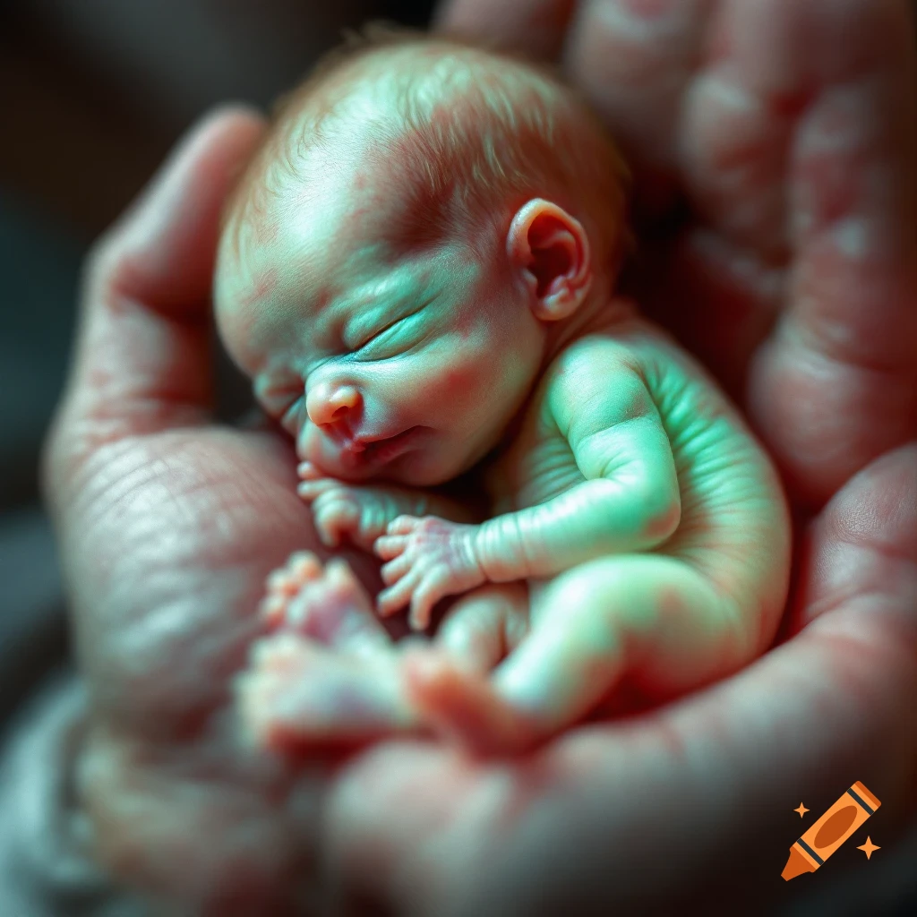 A tiny premature baby with translucent skin sleeps curled in a hand. Photorealistic style.
