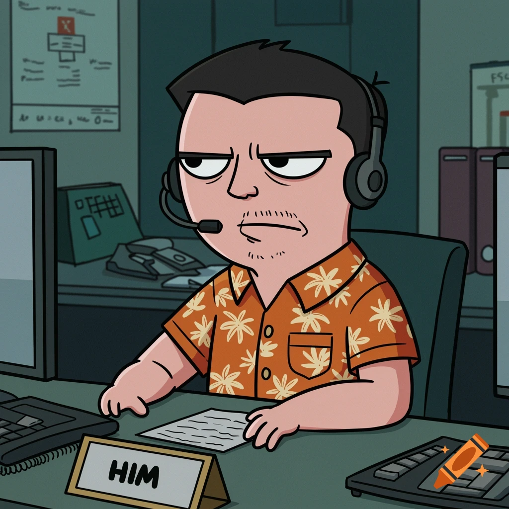 Cartoon HIM from Powerpuff Girls in a tropical shirt and headset sits at an office desk with a HIM nameplate.