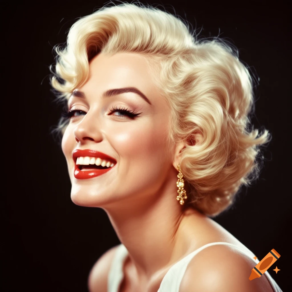 Close-up portrait of a smiling woman with blonde curly hair and red lipstick, resembling Marilyn Monroe