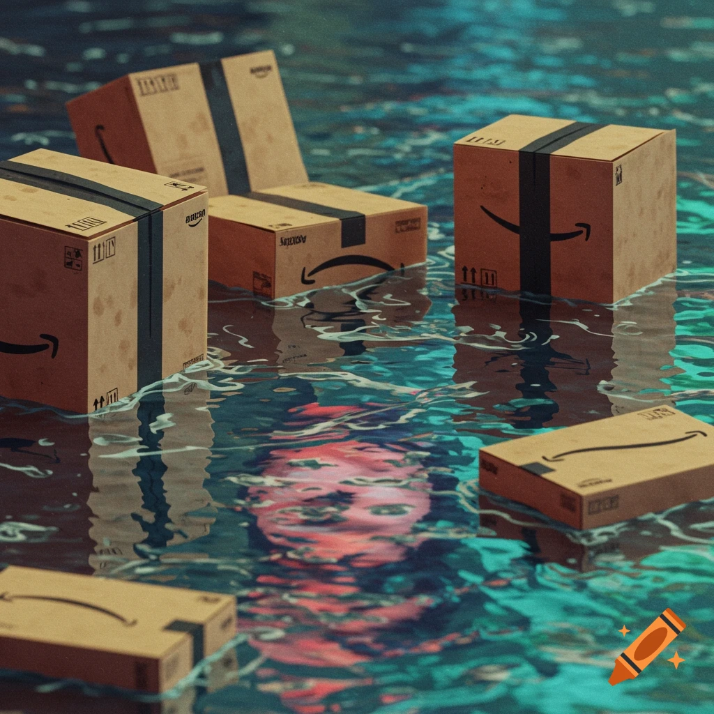 Amazon packages floating in water, reflecting a face on the surface.