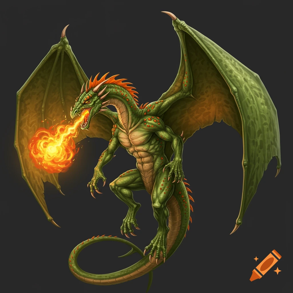 A green fantasy dragon with orange spots breathes fire