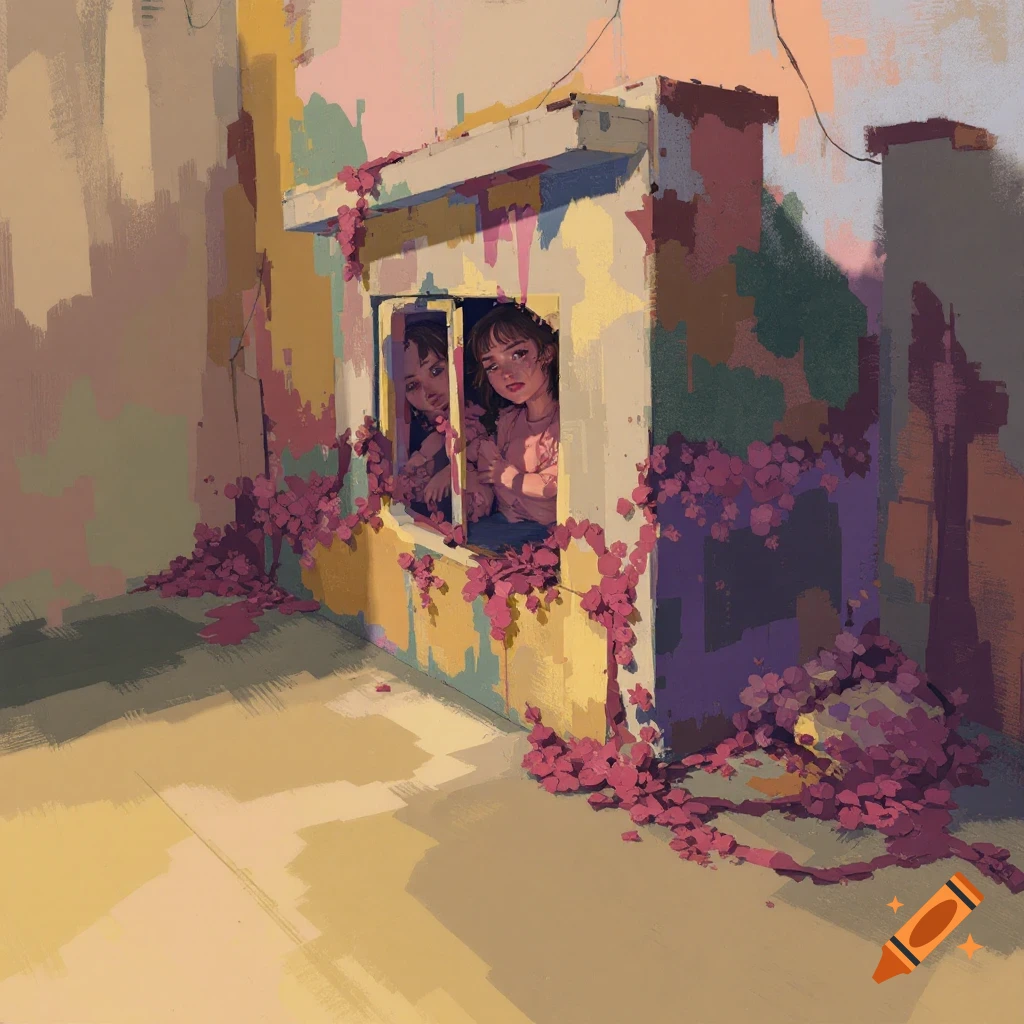 two people looking out a flower-covered window