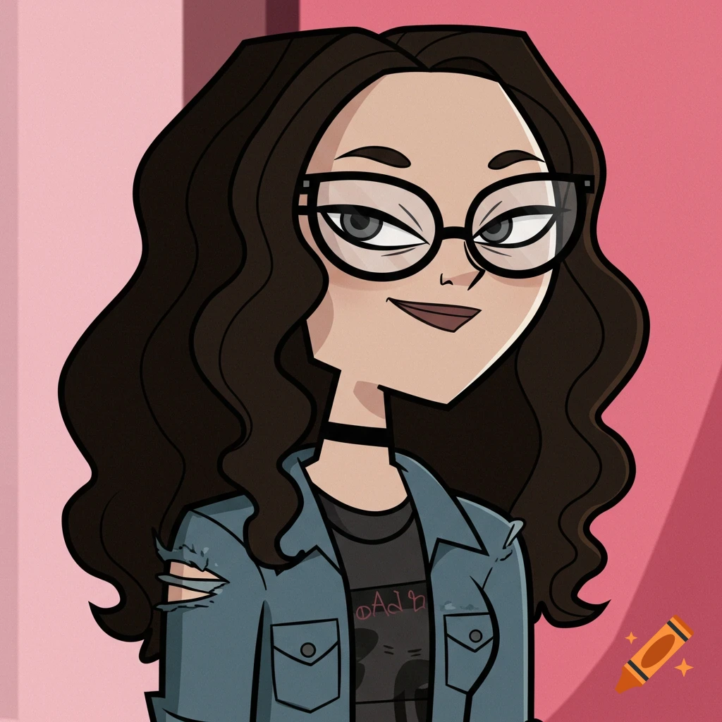 A cartoon portrait of a girl in the Total Drama style with glasses, wavy hair, a choker, and a ripped denim jacket.