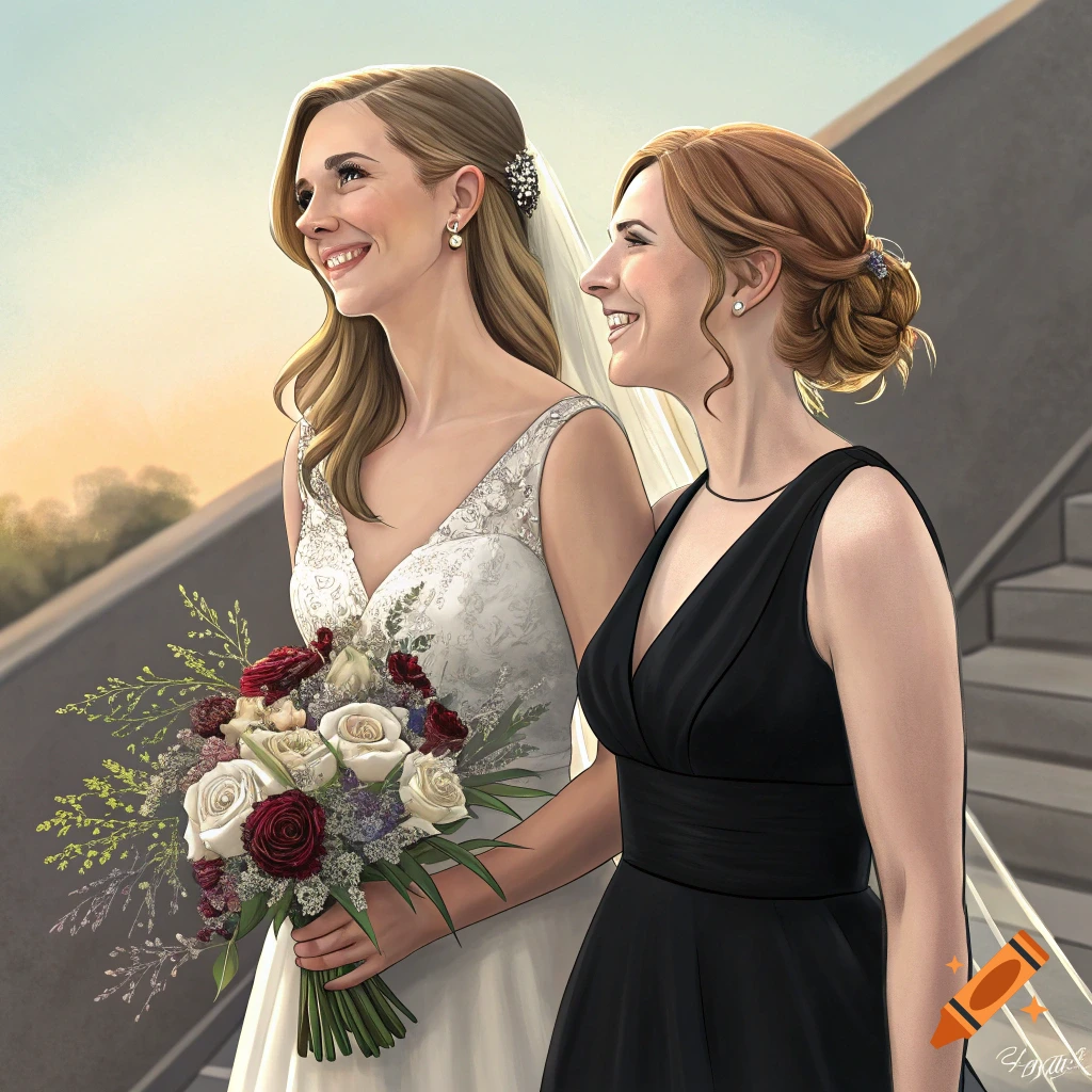 Illustration of a bride and bridesmaid smiling, holding a bouquet, at a wedding.