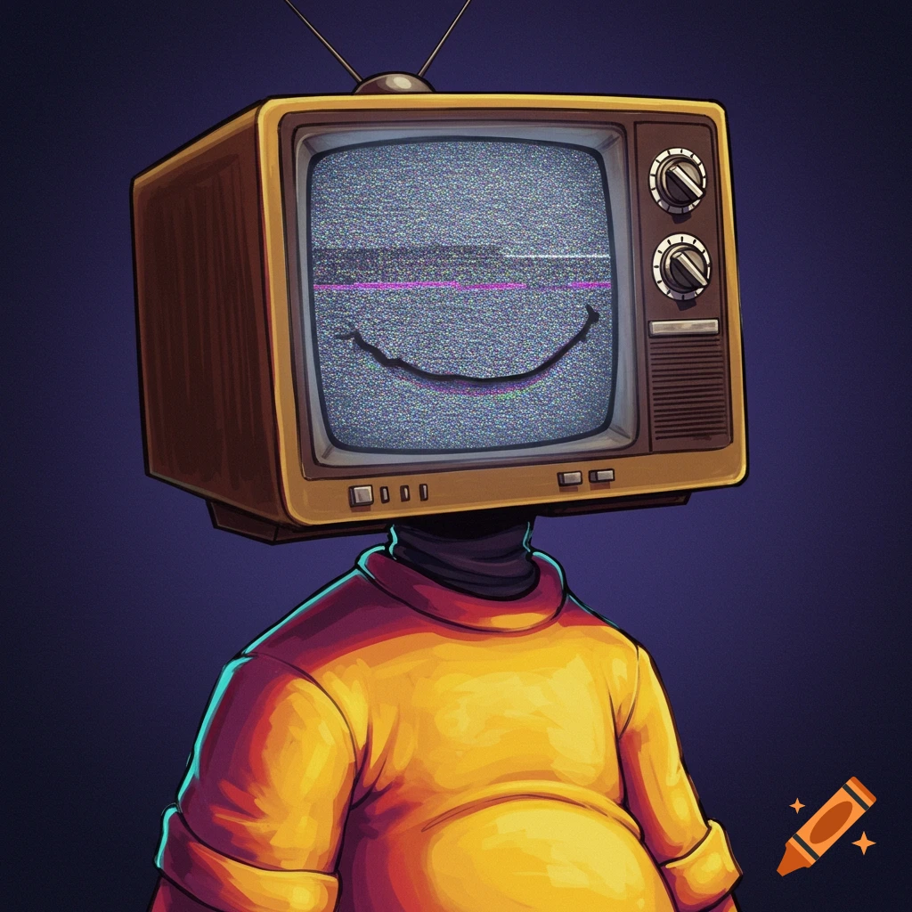 A character with a vintage TV for a head, showing static with a smiley face on the screen, wearing an orange sweater.