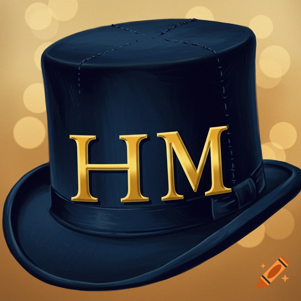 Blue top hat with golden 'HM' letters