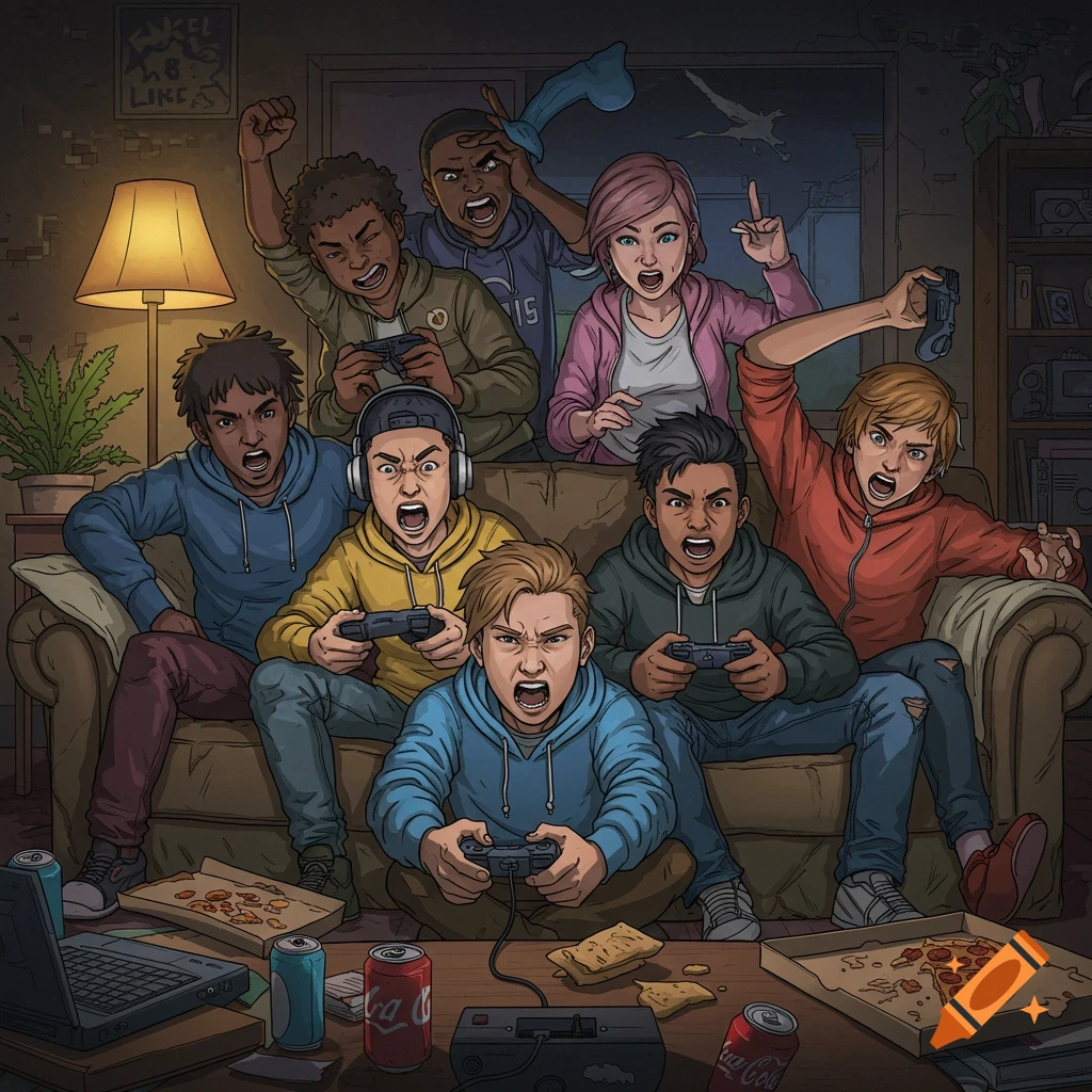 Excited young people play video games on a couch, surrounded by pizza and soda.