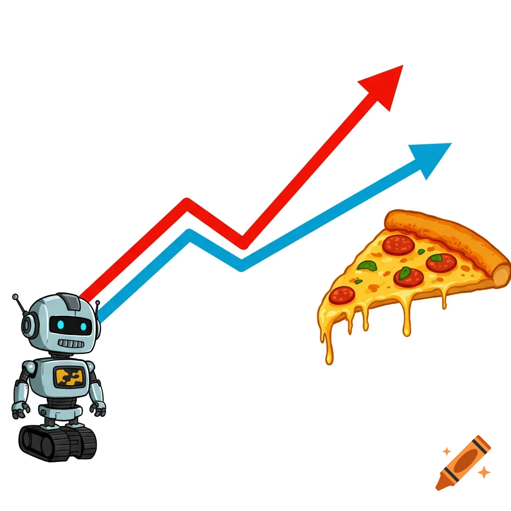 Digital illustration of a robot and a slice of pizza below two curved red and blue graph lines pointing upwards.