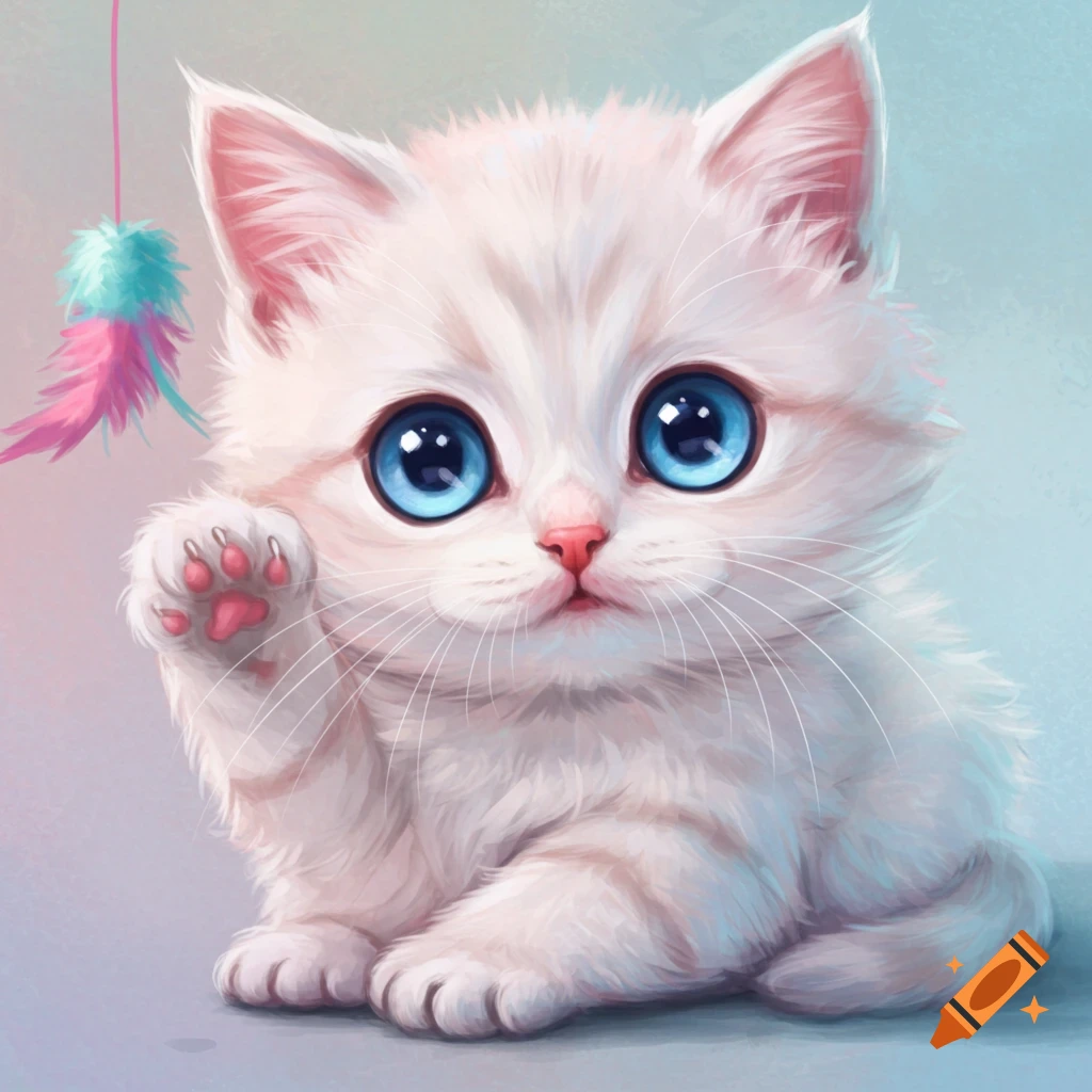 Cute white kitten with big blue eyes looking at a feather toy.