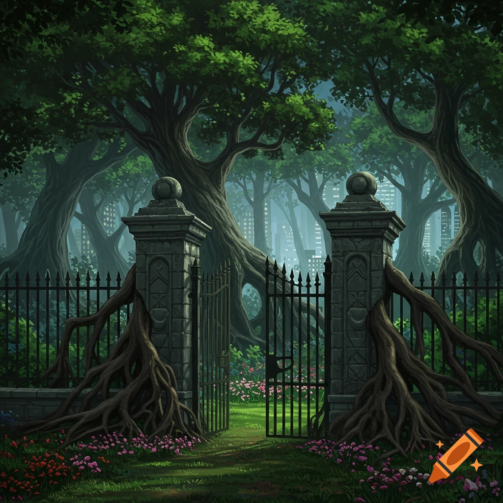 A fantasy gate with root-covered pillars leading into a forest with twisted trees and flowers, with a city skyline in the distance.