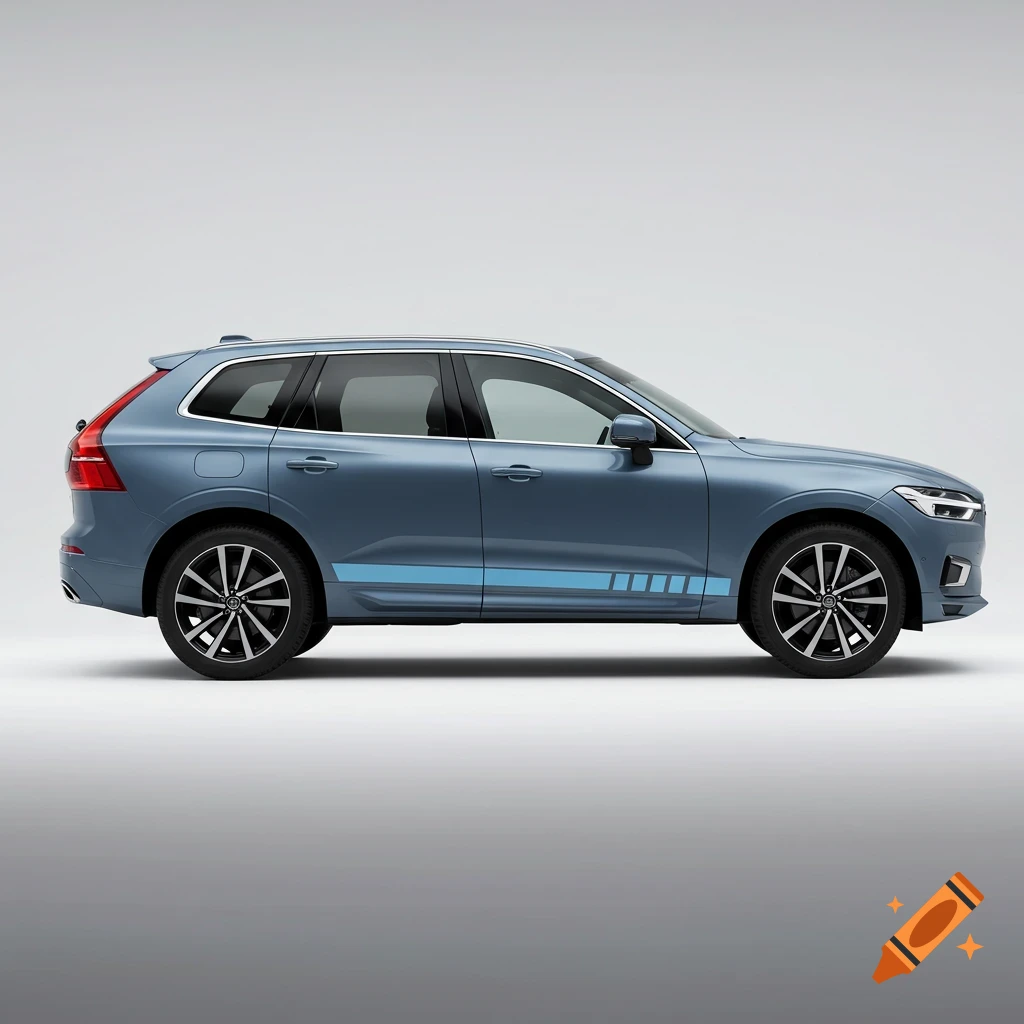 A blue Volvo XC60 with a light blue racing stripe on a white background.