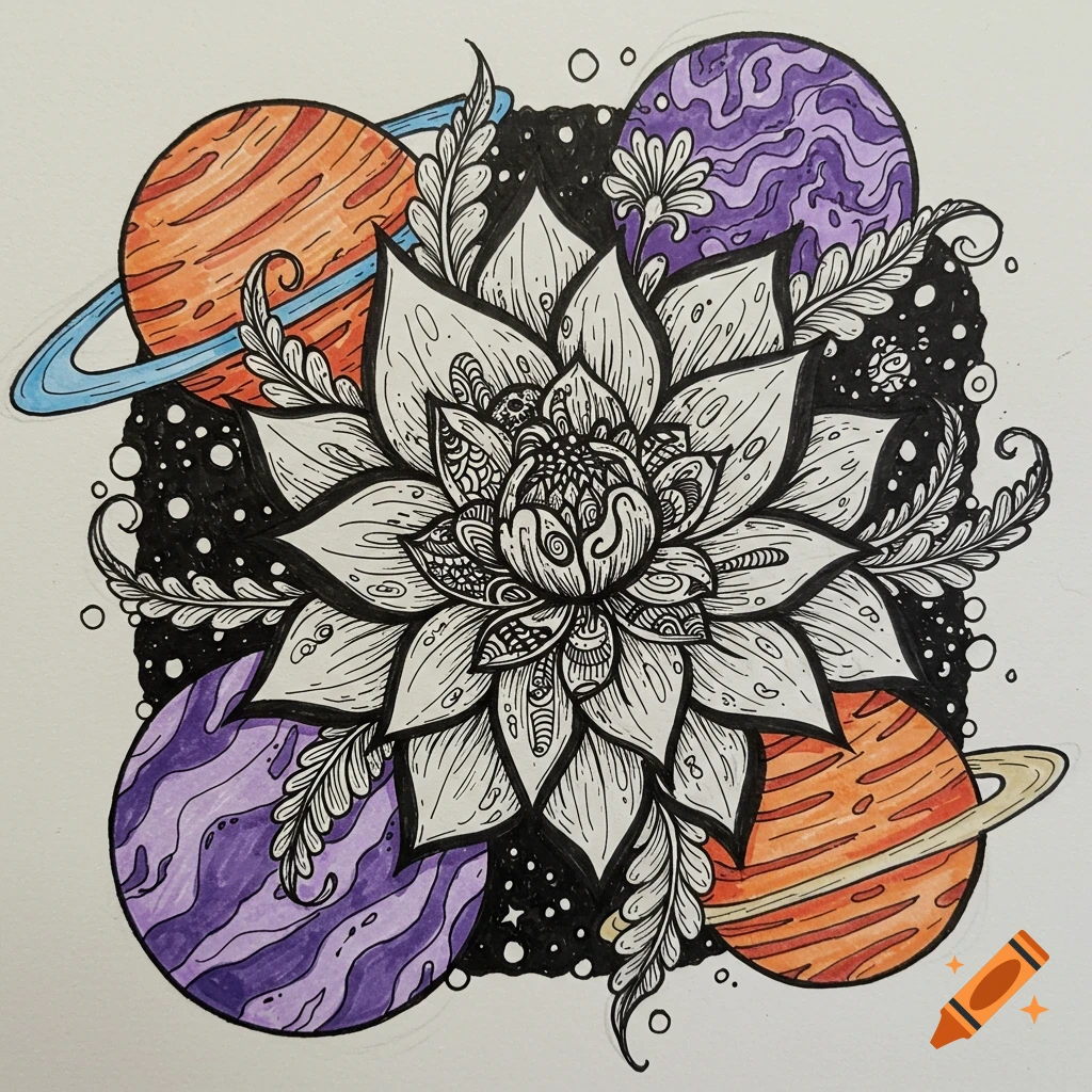 An intricate flower surrounded by colorful planets and stars in an illustration style.