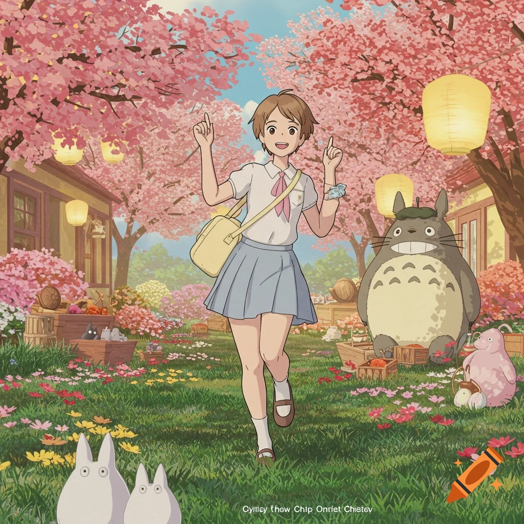 A girl and Totoro are among cherry trees and small creatures in a lush garden, in Studio Ghibli style.