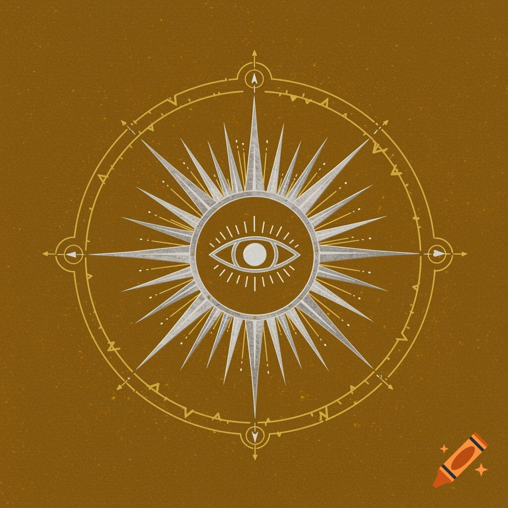 Stylized eye within a silver sunburst on a golden compass rose illustration.