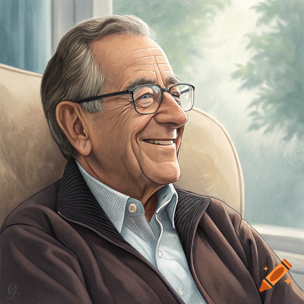 Digital illustration portrait of a smiling older man with glasses seated in a chair by a window.