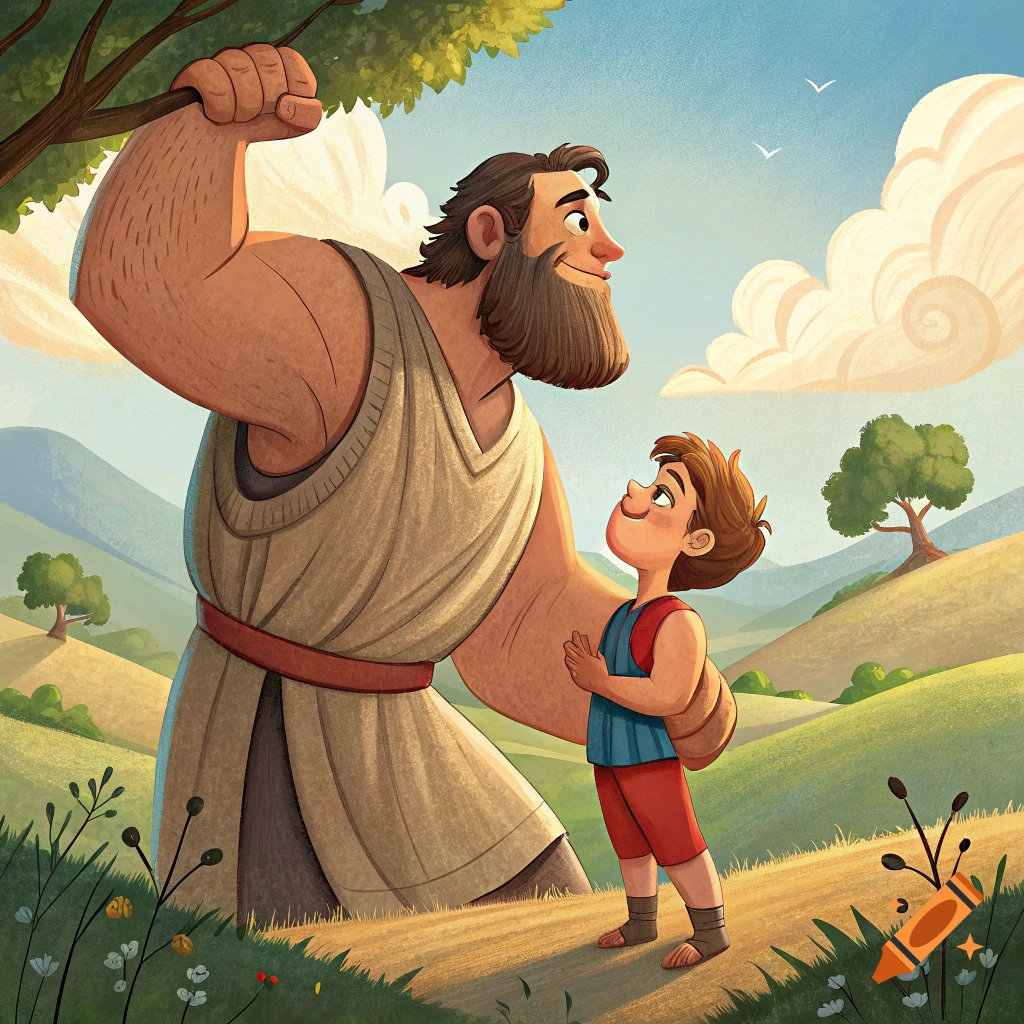 Illustrative style image of a large man looking at a small boy in a field.