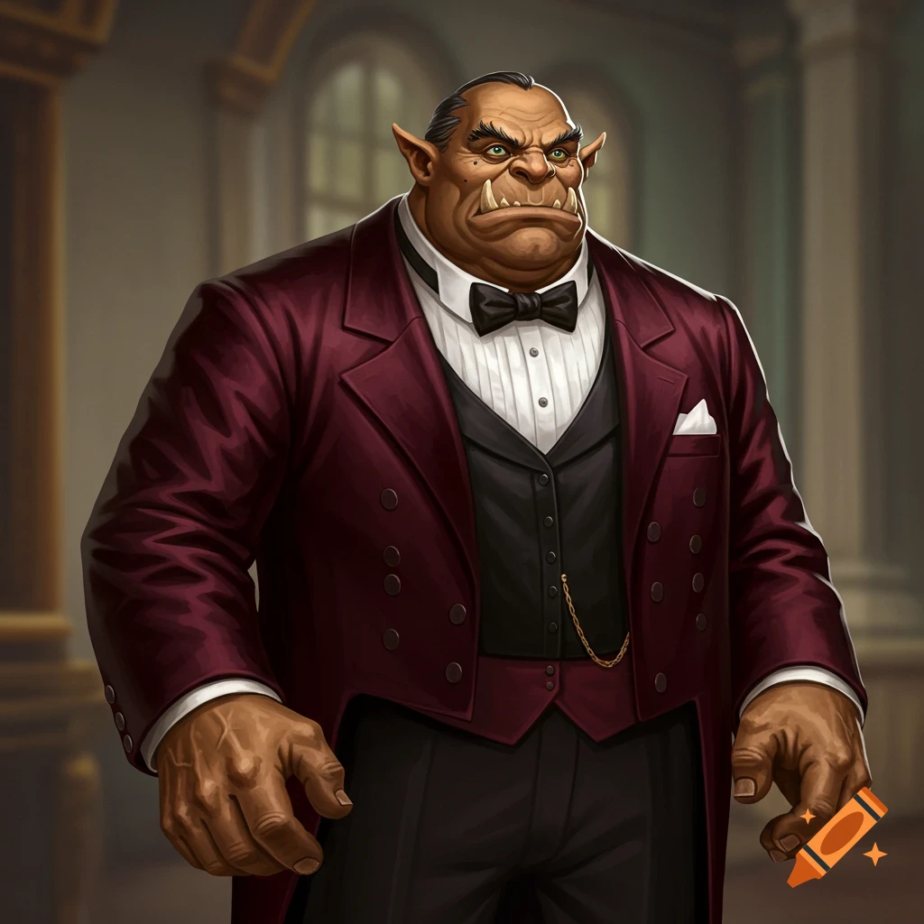 A fantasy orc or ogre wearing a dark red tuxedo.