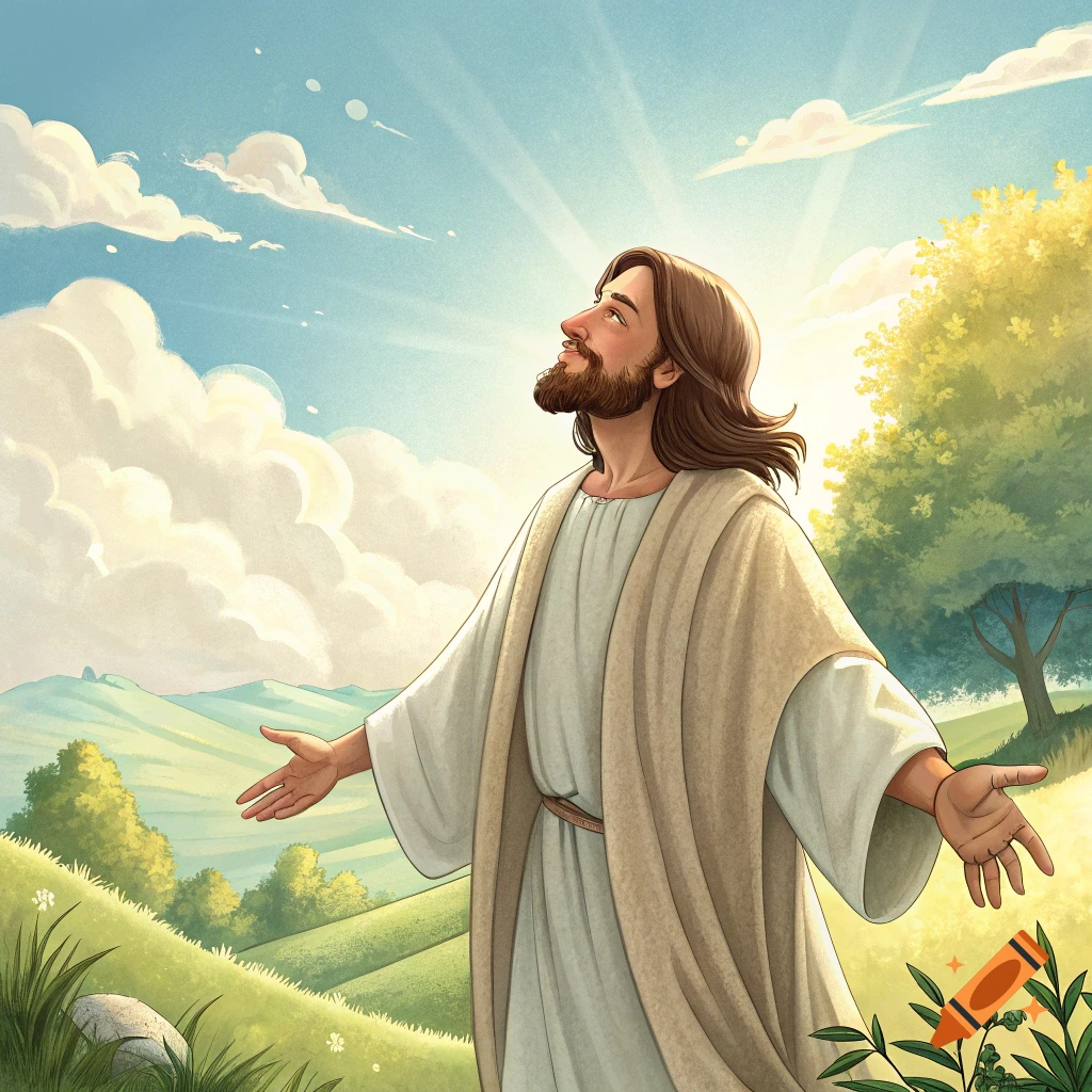 Illustration of Jesus looking up at a sunny sky with arms outstretched in a field.