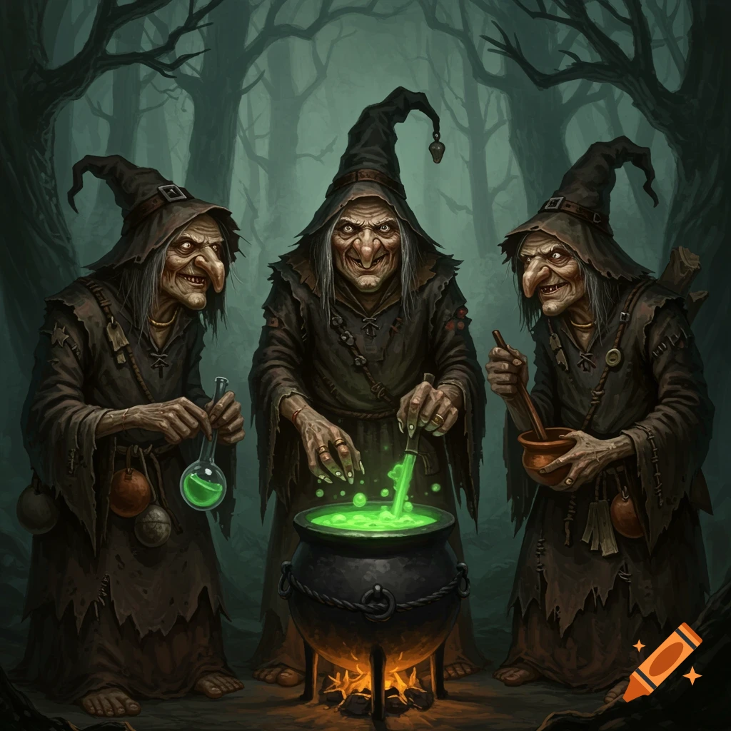 Three ugly witches stir a bubbling cauldron in a dark forest.