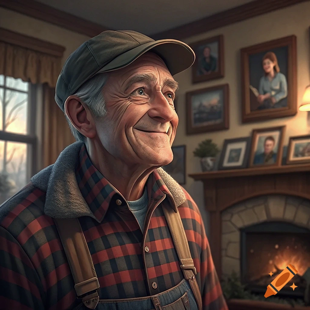 An older man in a plaid shirt and cap smiles while sitting indoors near a fireplace with pictures on the wall.
