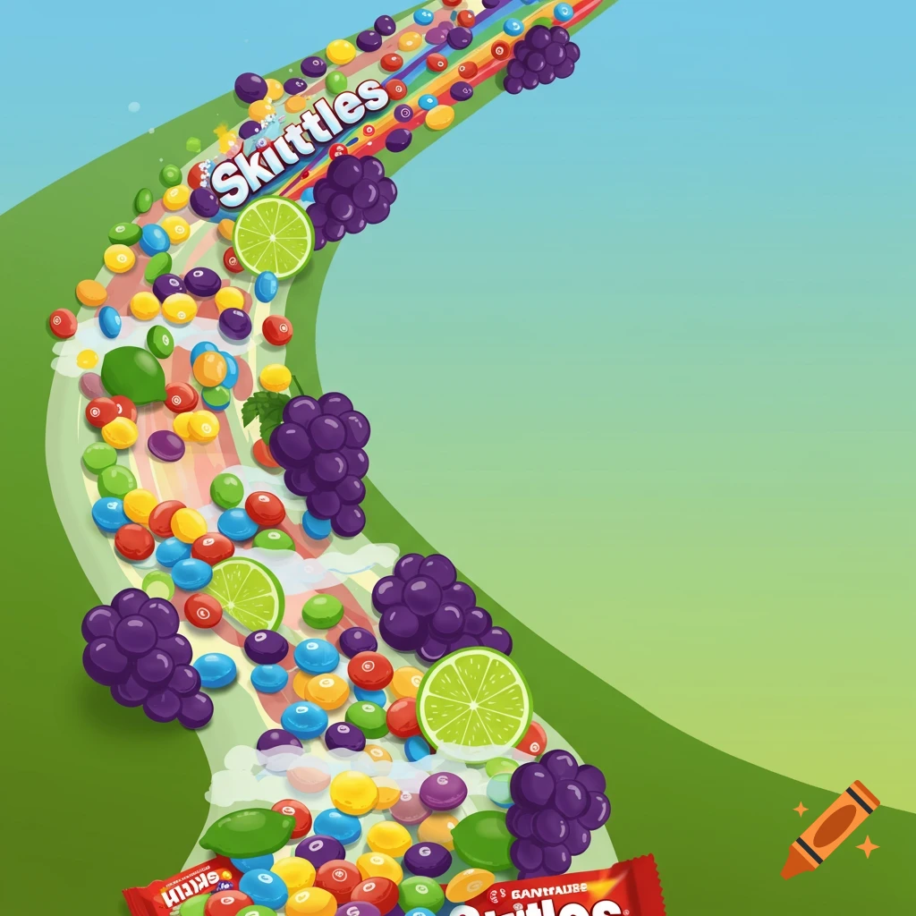 Vector illustration of a waterfall path of colorful candies, grapes, and limes flowing downwards against a green and blue background.