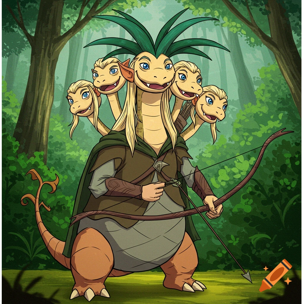 A multi-headed creature resembling Exeggutor, dressed as an archer like Legolas, stands in a forest holding a bow and arrow. Digital illustration.