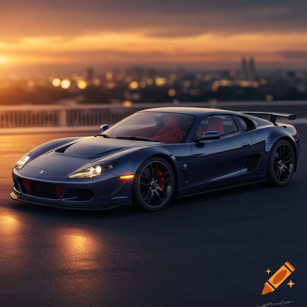 Blue sports car parked at sunset with city lights in the background.