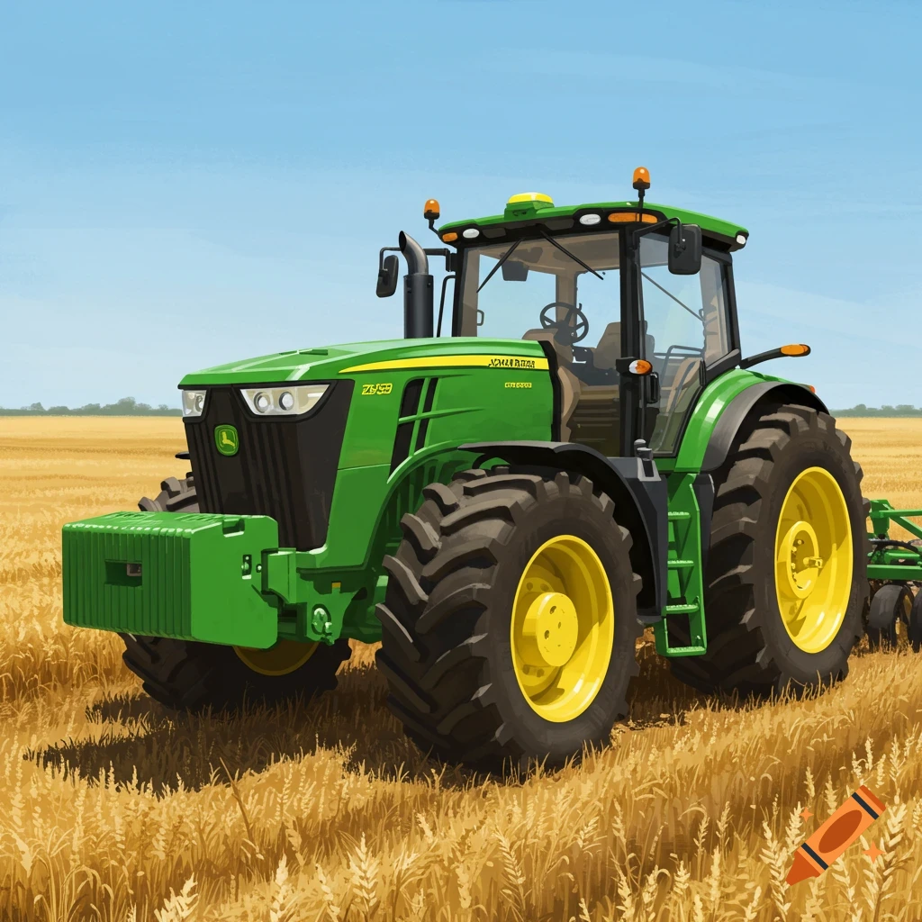 A big green tractor drives through a golden field of wheat.