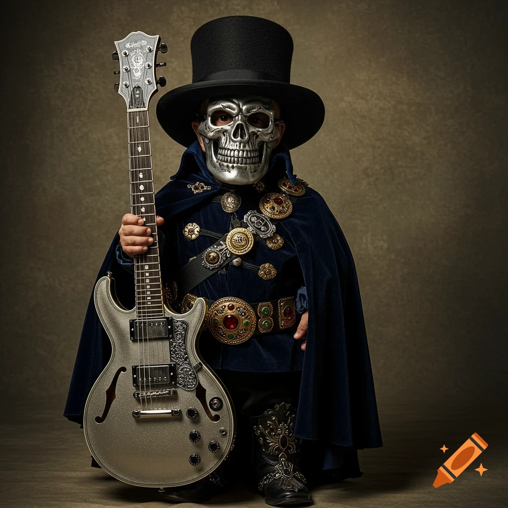 A short person in a black top hat, skull mask, navy cape, and ornate costume holds a silver electric guitar.