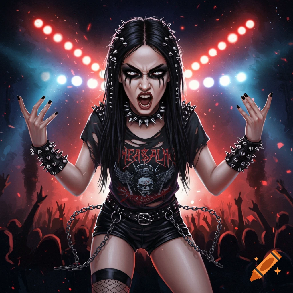 A woman in metal attire making a rock gesture at a concert.