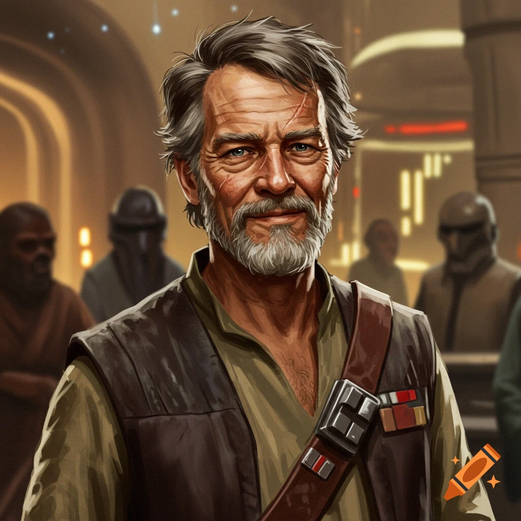 A rugged middle-aged man with beard and scars, wearing a vest and bandolier in a sci-fi setting.
