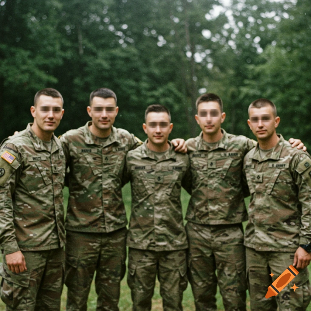 Five men in military camouflage uniforms pose together.