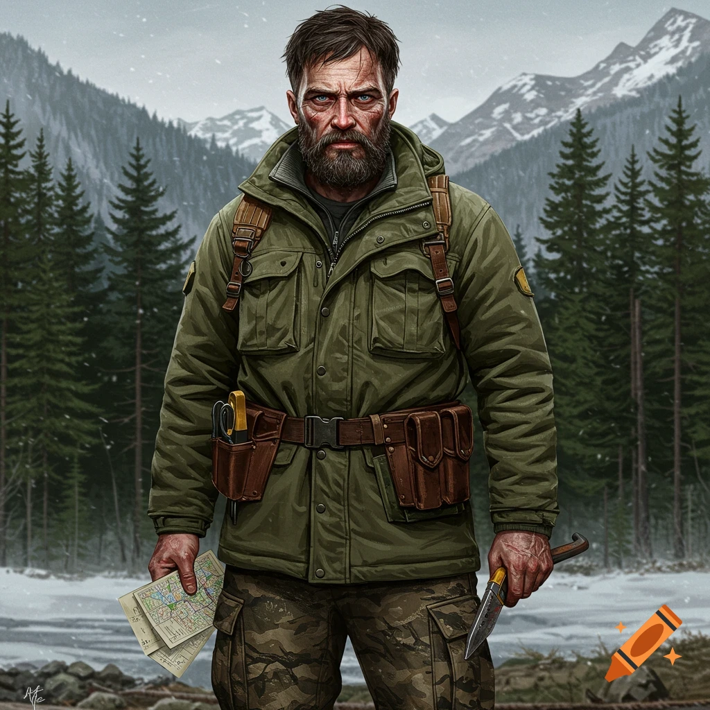 A rugged man with a beard stands in a snowy mountain forest, holding a map and a knife.