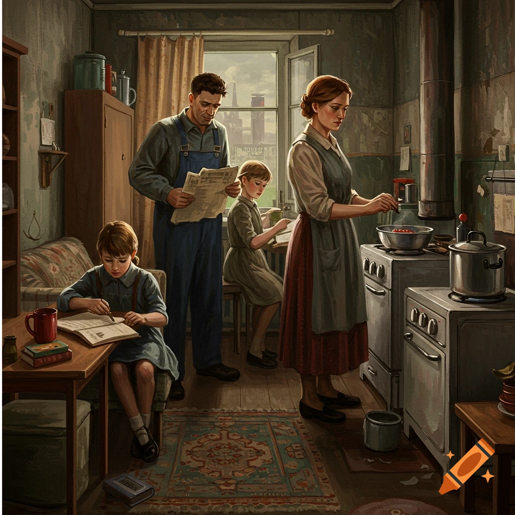 A family in a kitchen/living area: father reads a newspaper, mother cooks, two children read.