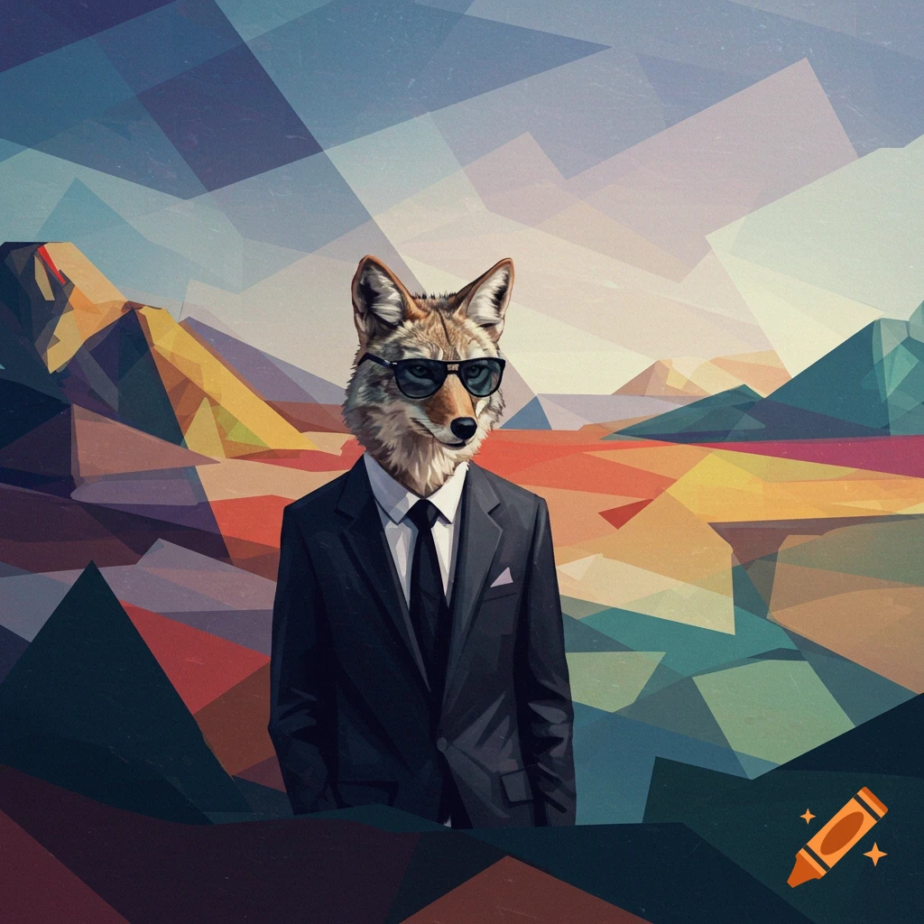 Coyote in a suit and sunglasses against a cubist landscape.