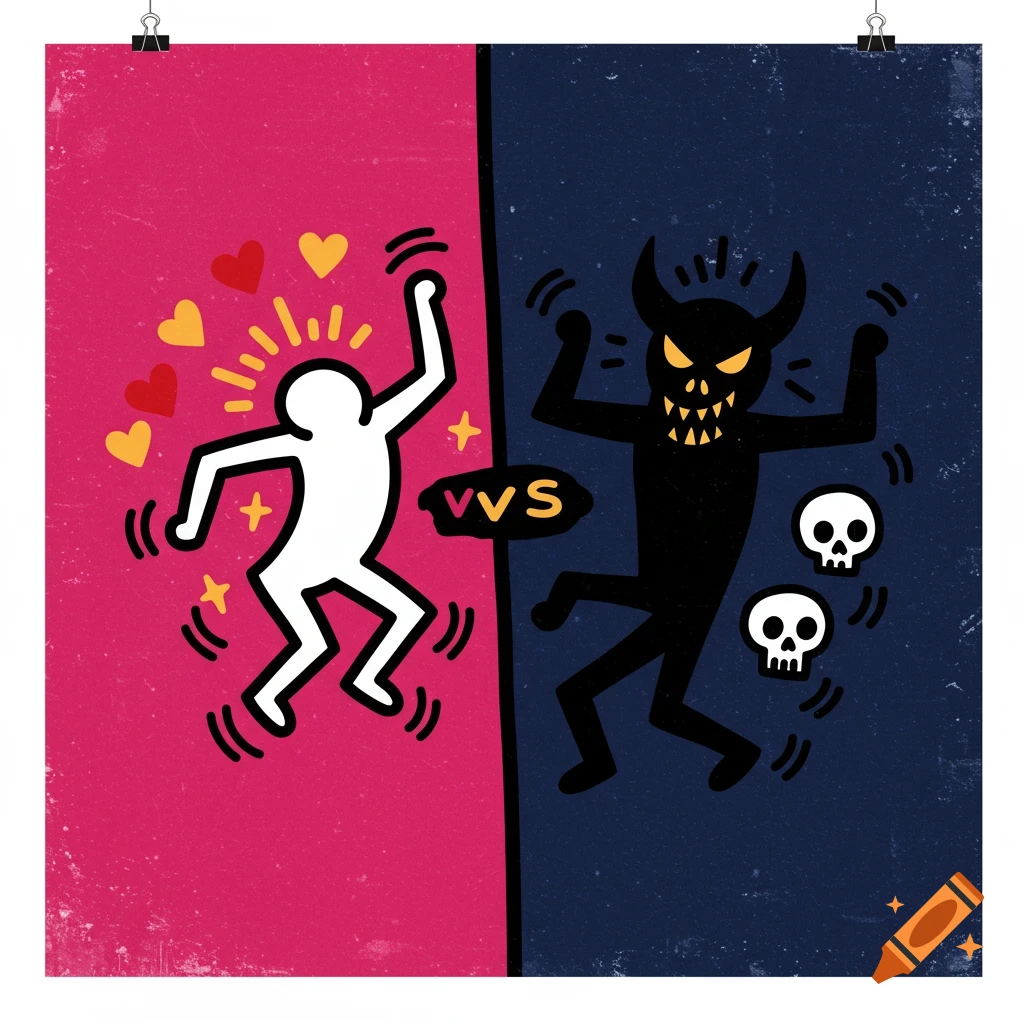 Keith Haring style poster of a white figure with hearts vs black devil figure with skulls, separated by 'VVS' on a pink and blue background.