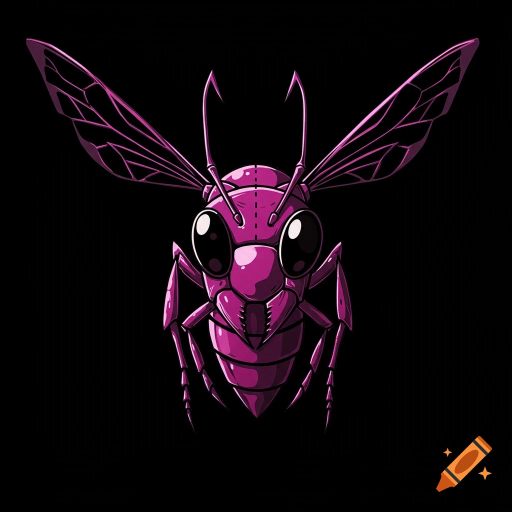 Front-facing cartoon illustration of a pink hornet against a black background.