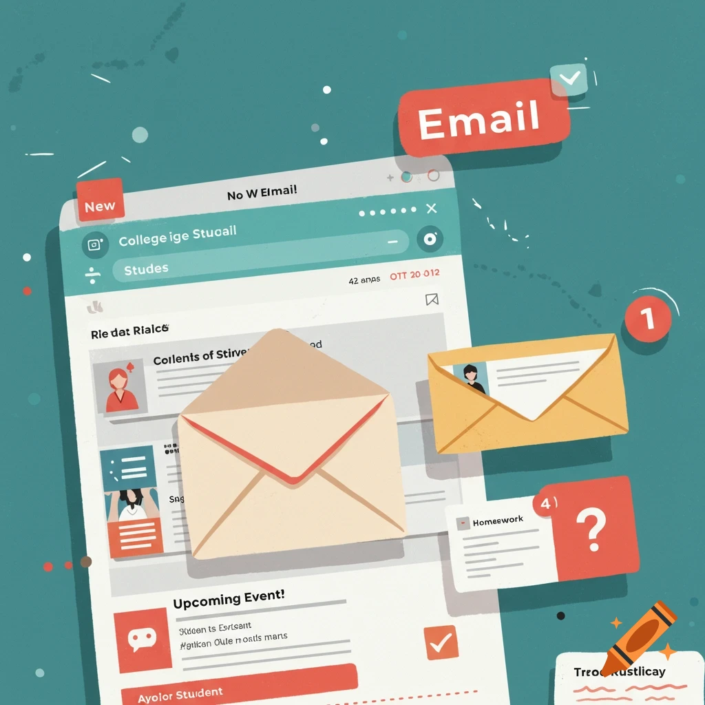 A stylized image showing a computer screen with an email interface, envelopes, and icons.