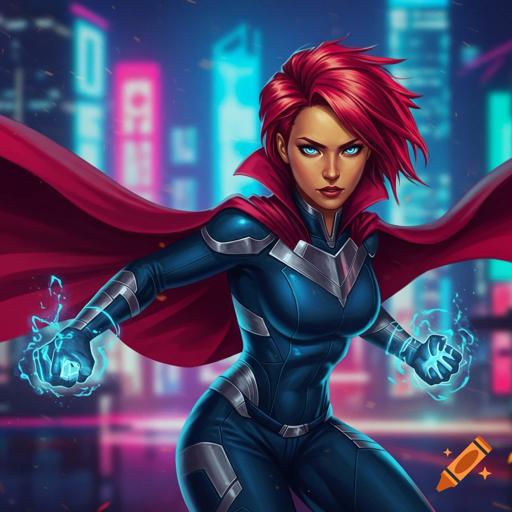 A female superhero with red hair, blue eyes, and a red cape generating blue energy in a futuristic city.