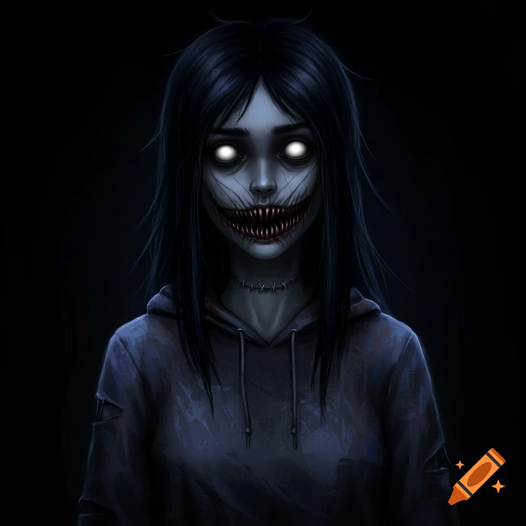 Creepy character with glowing white eyes and stitched grin in a dark hoodie.