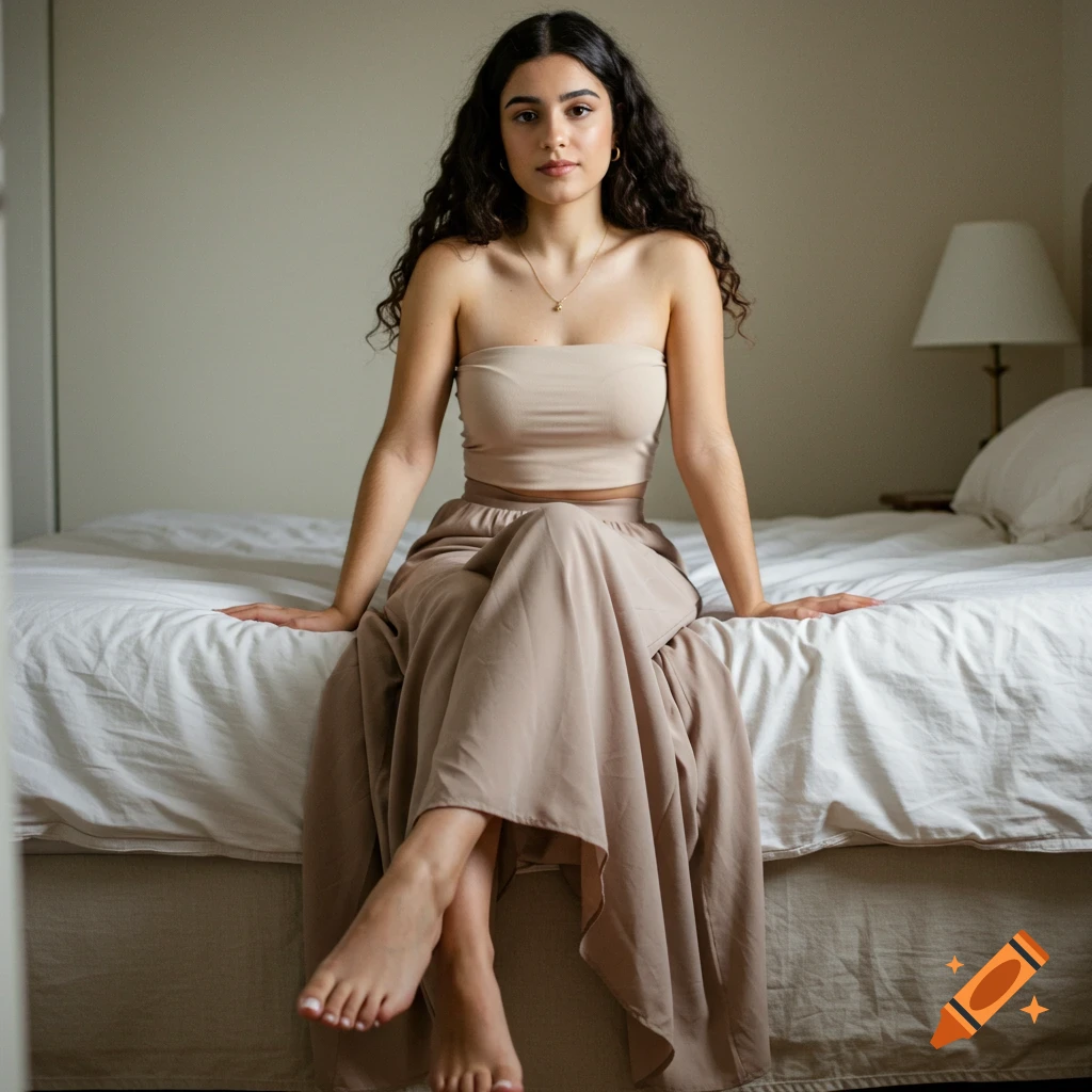 A woman with dark hair sits on a bed wearing a tube top and long skirt.