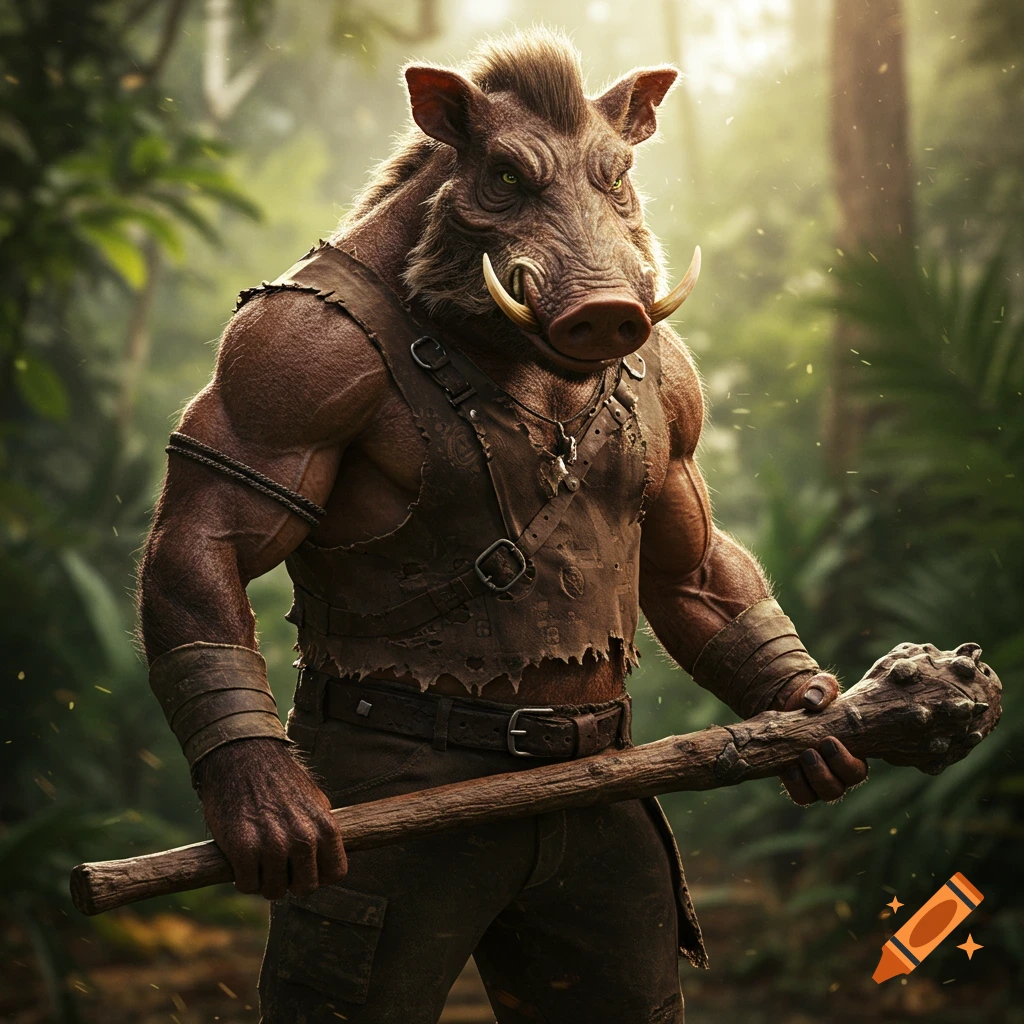 An anthropomorphic wild boar warrior stands in a forest, holding a club.