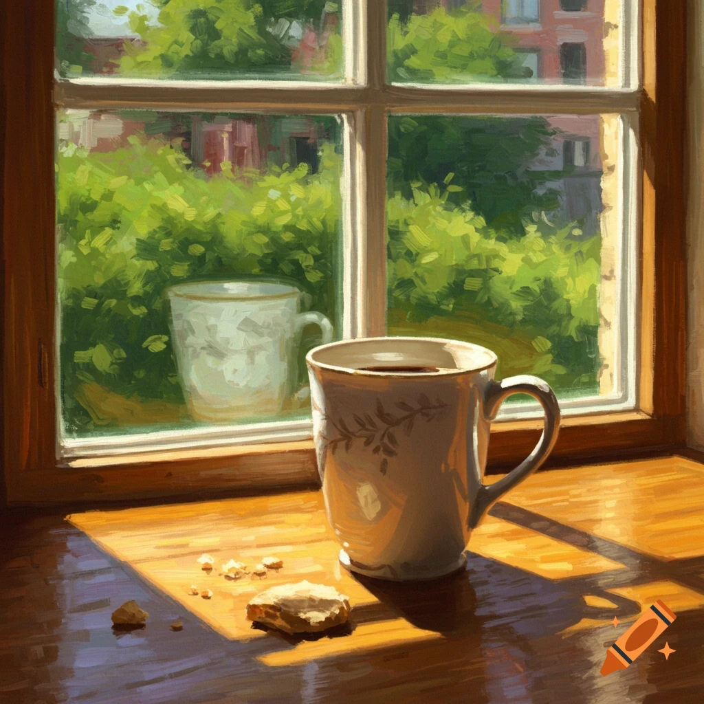 A coffee mug and cookie sit on a sunlit wooden table by a window looking out at greenery, painted in an impressionistic style.