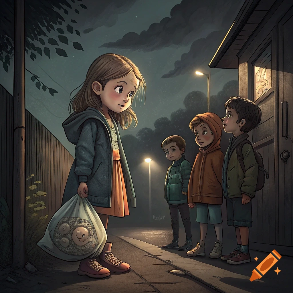 A young girl holding a bag looks at three boys on a street at night in an illustration style.