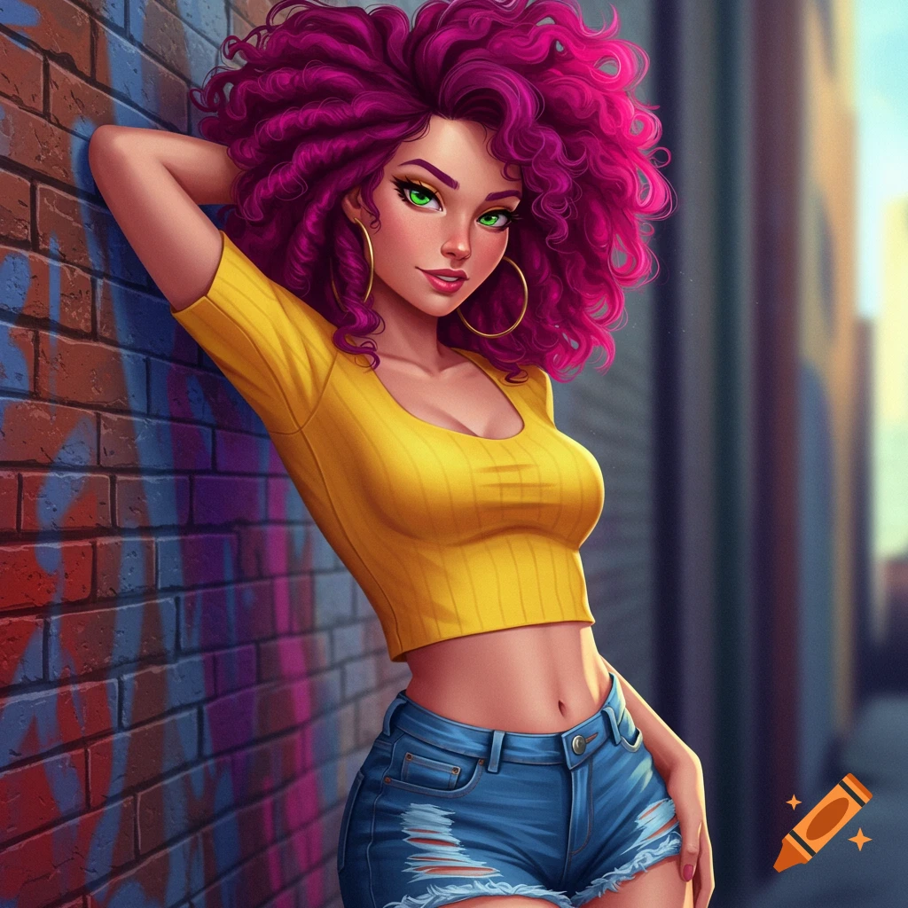 A woman with pink curly hair and a yellow crop top leans on a graffiti-covered wall.