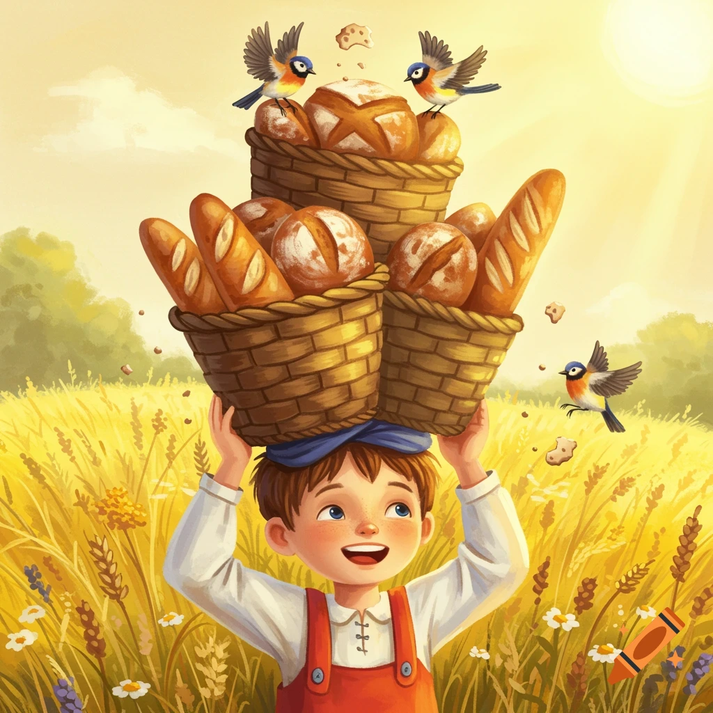 A whimsical fairytale painting of a boy carrying bread baskets on his head in a sunlit field, with birds pecking at the top.