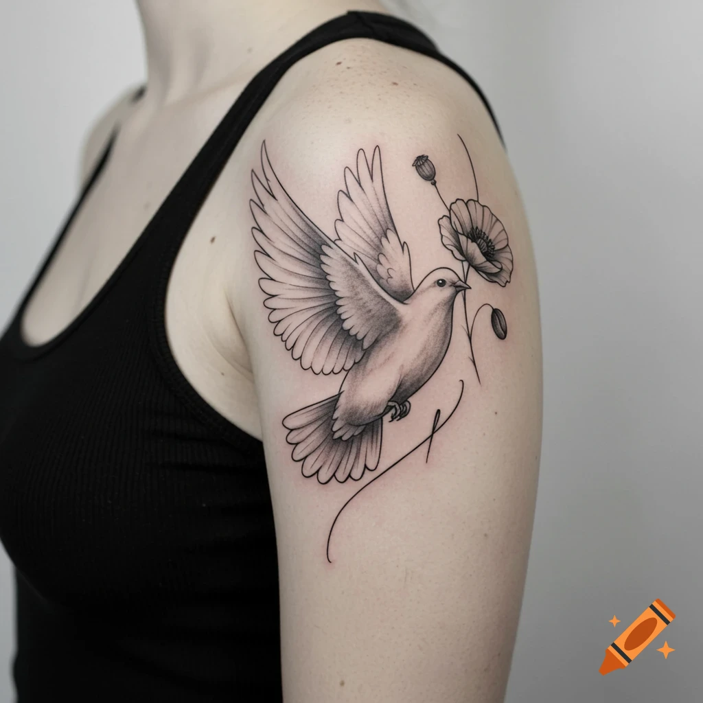 Black and gray tattoo of a dove flying with a poppy on an arm