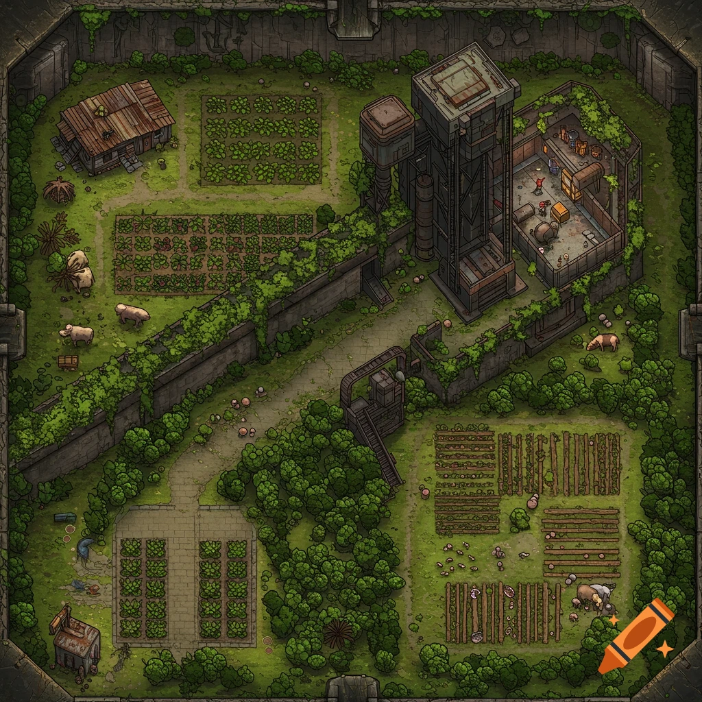 Top down map of a dystopian complex with farms, a shack, forest, and cargo elevator, surrounded by ivy covered walls.