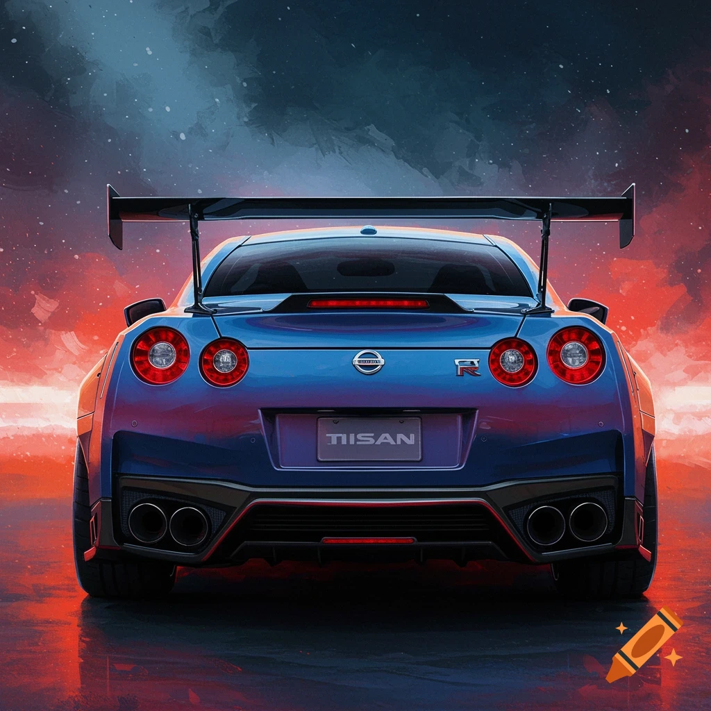 A blue Nissan GTR sports car from the rear, against a dramatic red and blue sky.